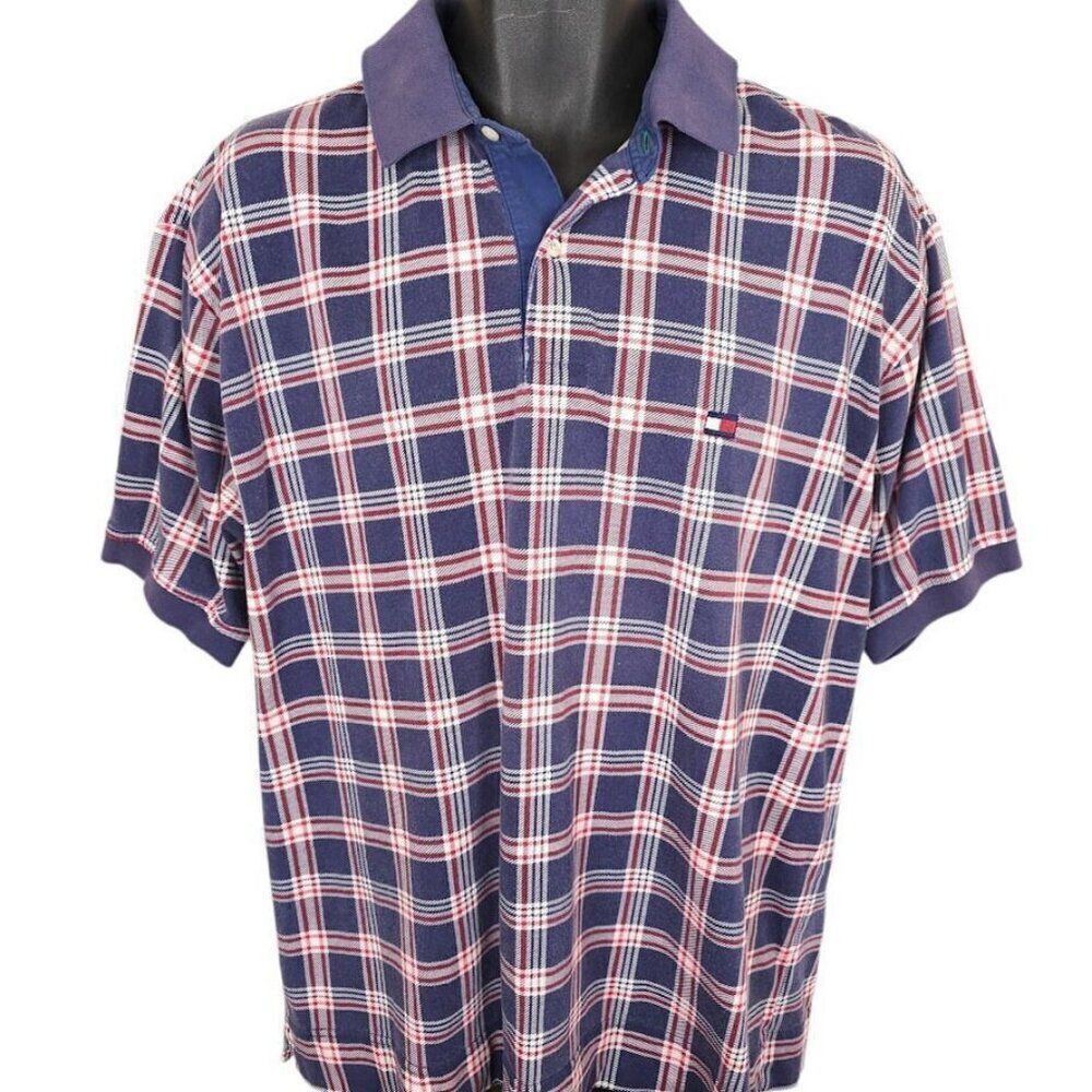 Vintage Tommy Hilfiger Polo Shirt Mens Size Large Blue Red Plaid Streetwear